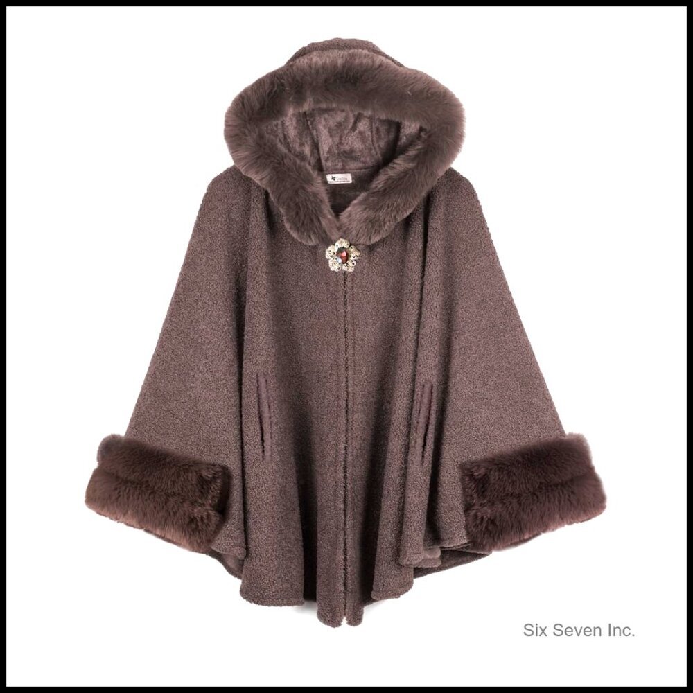Faux Fur Trim Hooded Cape Coat Fleece Lined Cloak Style Poncho